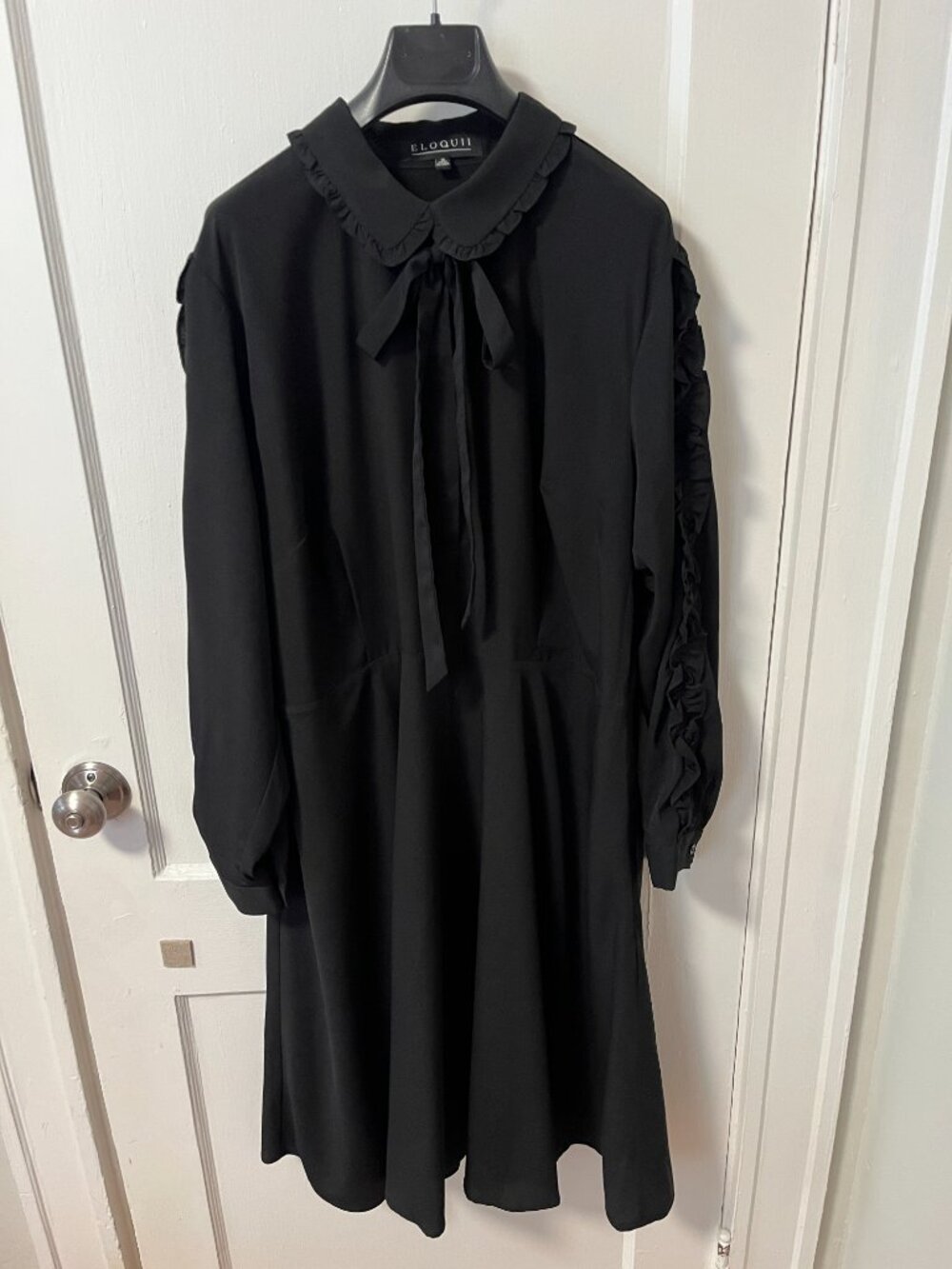 ELOQUII Black Long Sleeve Dress with Ruffled Sleeves & Bow Tie